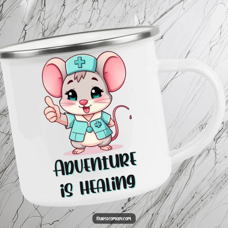 Funny mouse nurse camping mug, a character giving an enthusiastic thumbs up, perfect for outdoor fun.