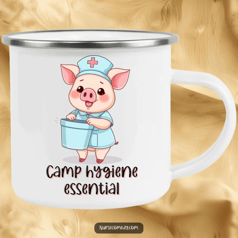 Funny camping mug with a pig nurse character holding a tiny bedpan and waving, ideal for outdoor use.