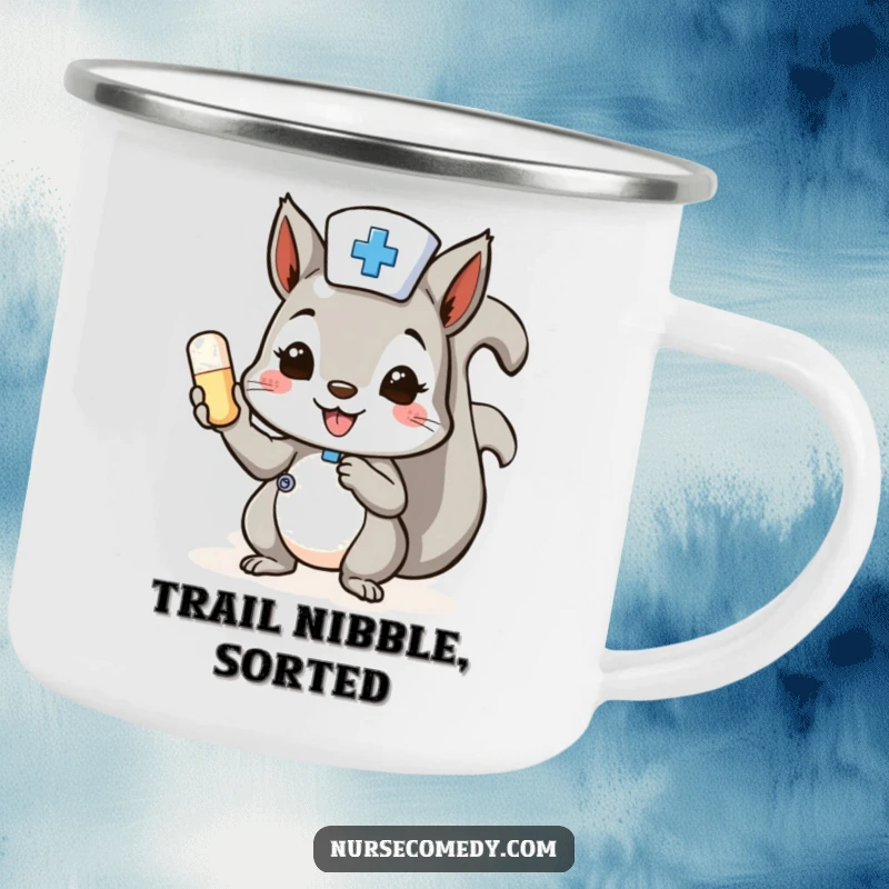 Funny Squirrel Nurse Camping Mug: a cheerful squirrel offers a pill, perfect for outdoor fun.