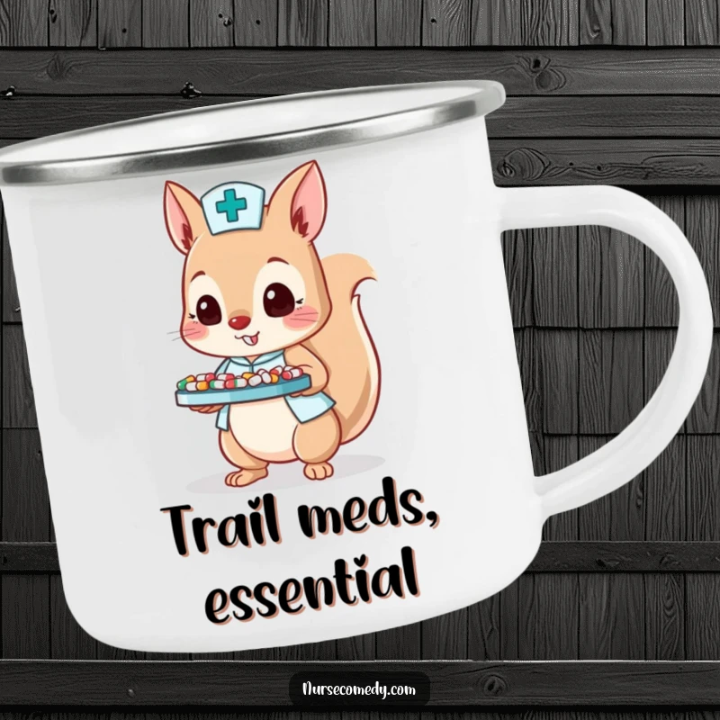 Funny camping mug with a squirrel nurse character balancing a tray of tiny pills, ideal for outdoor use.