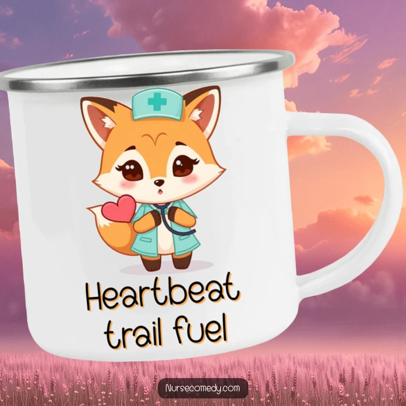 Funny Fox Nurse Camping Mug: a curious fox with stethoscope listens to a heart, perfect for outdoor humor.