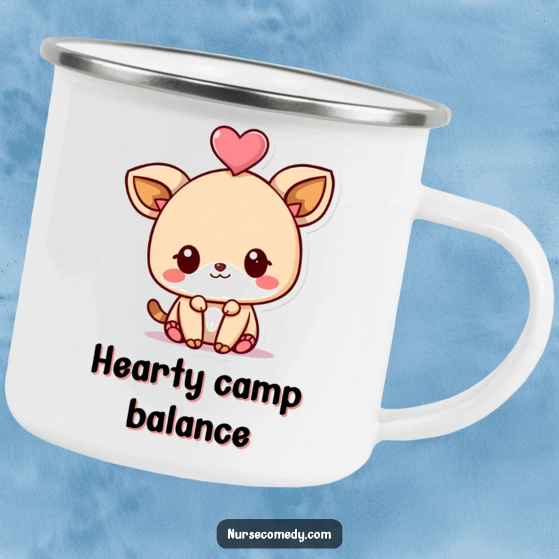 Funny Kawaii Animal Camping Mug with a cute character balancing a heart on its head, designed for rugged fun and smiles.