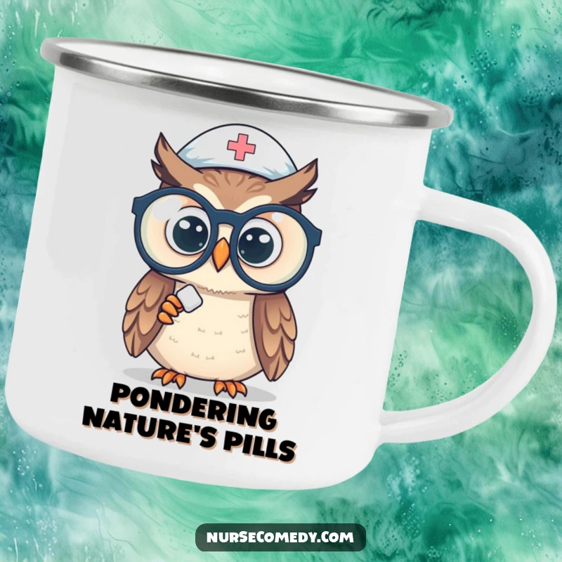 Funny owl nurse camping mug showing a curious owl peering at a pill through specs, perfect for outdoor beverage enjoyment.
