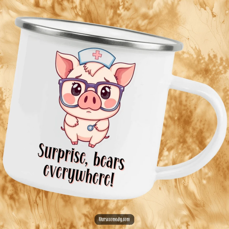 Funny camping mug depicting a kawaii pig nurse looking surprised behind oversized glasses, ready to explore the great outdoors with a sense of wonder.