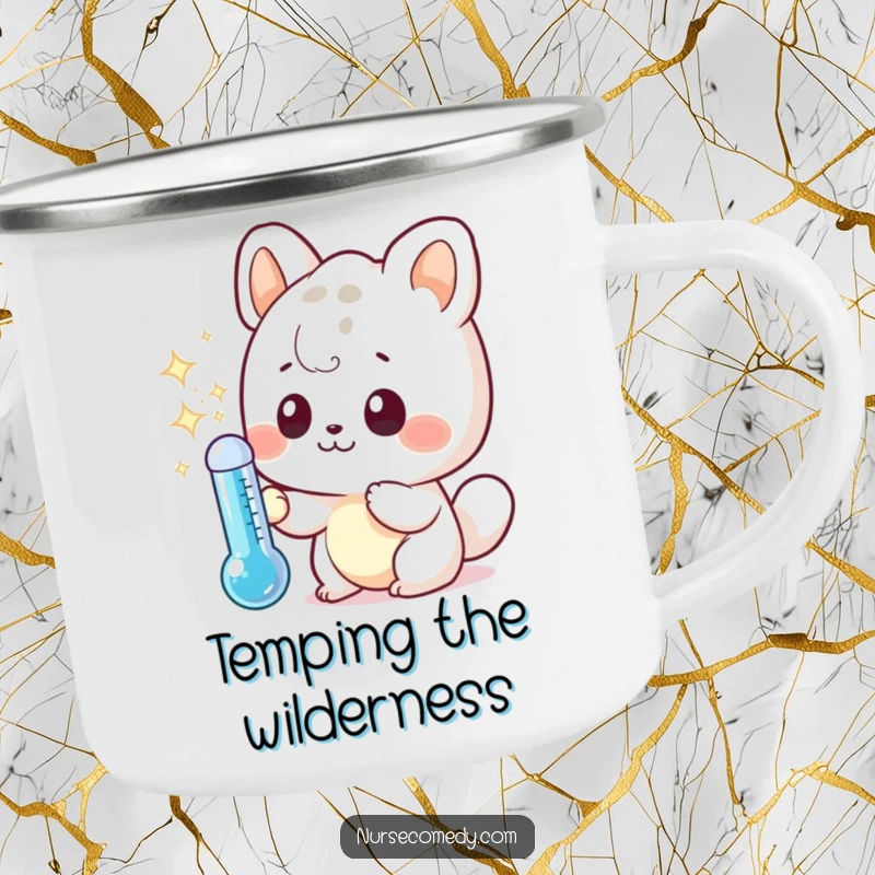 Funny camping mug featuring a curious kawaii animal character examining a sparkling thermometer, great for outdoor adventures and humor.