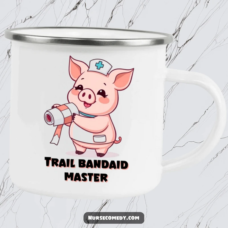 Funny Pig Nurse Camping Mug: gleeful pig with a bandage roll, perfect for outdoor fun.