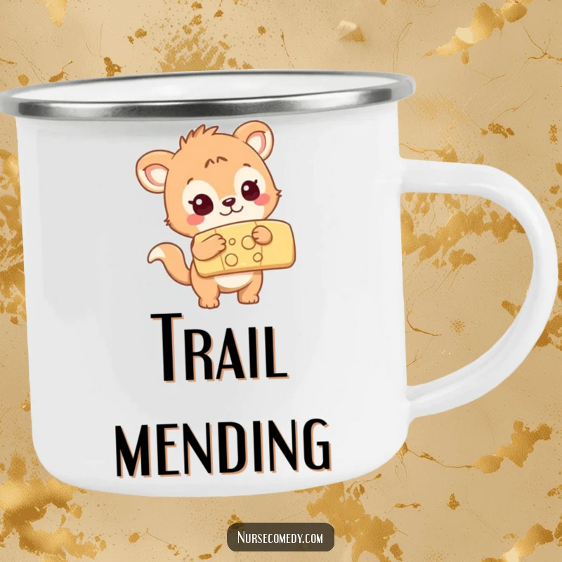 Funny curious animal character examining a large colorful bandage, sturdy camping mug, perfect for nature lovers.