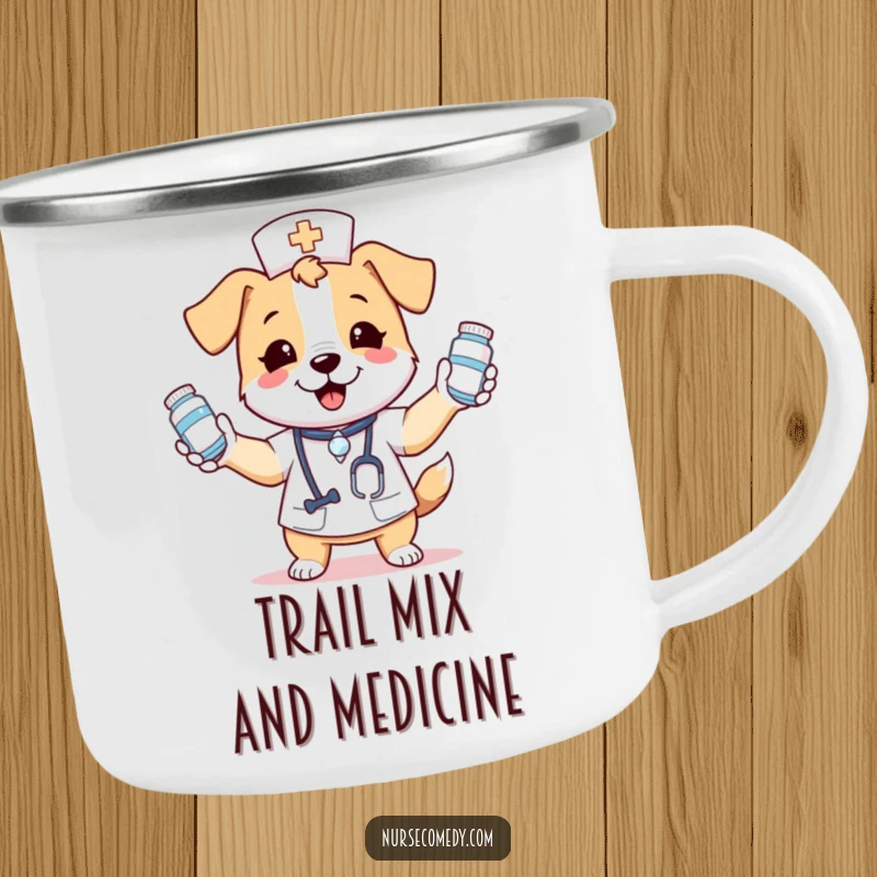 Funny camping mug showcasing a kawaii dog nurse character gleefully juggling medicine bottles, ready for any outdoor escapade with enthusiasm.