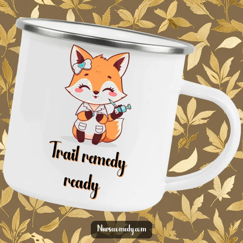 Funny fox nurse camping mug, a cute character comically administering a small poke with a tiny syringe, for outdoor fun, funny gift.