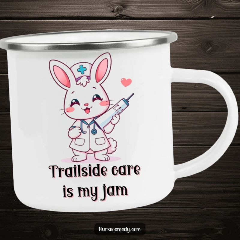 Funny kawaii bunny nurse holding a giant syringe on a camping mug, perfect for outdoor humor.