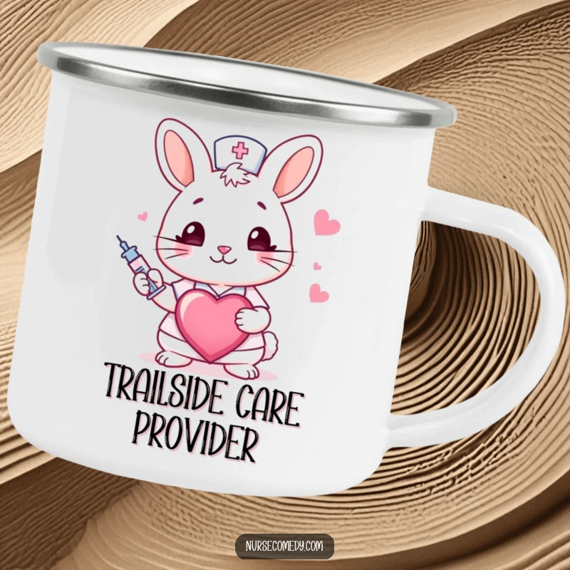 Funny rabbit nurse camping mug with a winking bunny, syringe, and heart, ideal for healthcare professionals who enjoy the outdoors.