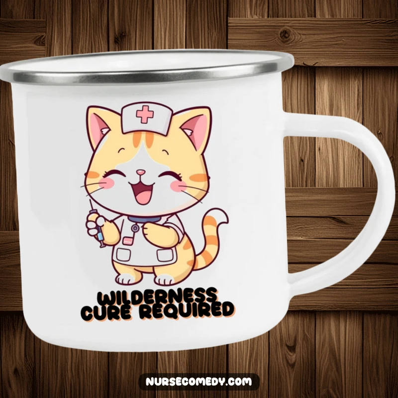 Funny cat nurse with a syringe on a durable camping mug, designed for outdoor enthusiasts who appreciate humor and care, a great funny gift.