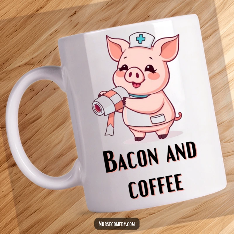 Funny Pig Nurse Mug: a pig gleefully holds a bandage roll, a humorous gift for doctors.