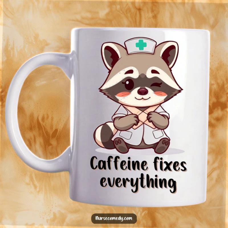Funny raccoon nurse character skillfully tying a bandage with a confident wink on a mug, ideal for healthcare appreciation.