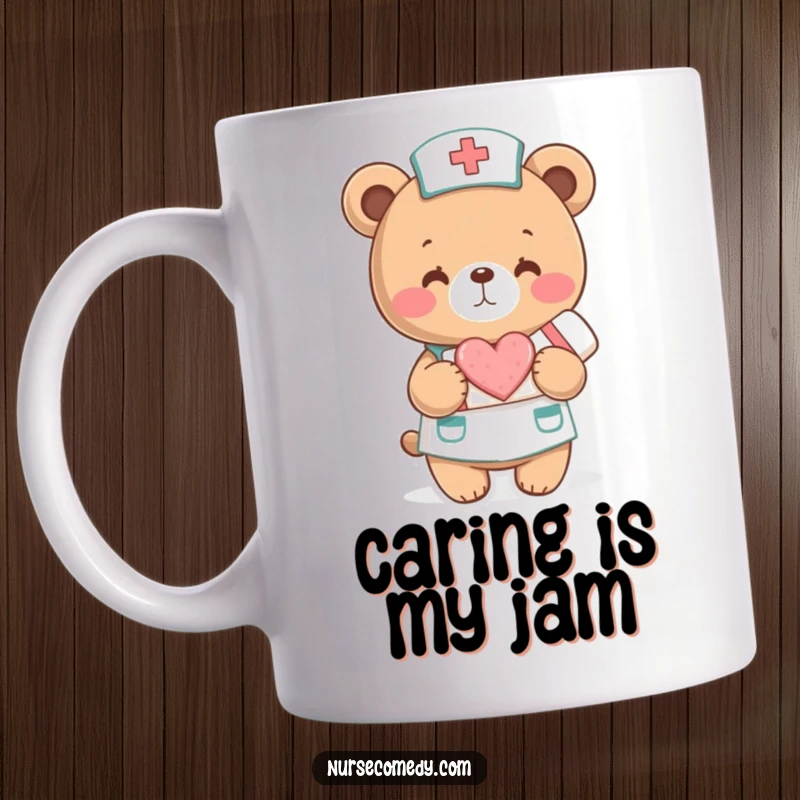 Funny Mug: A cute bear nurse gently holds a bandage adorned with a heart. Symbol of care and healing.