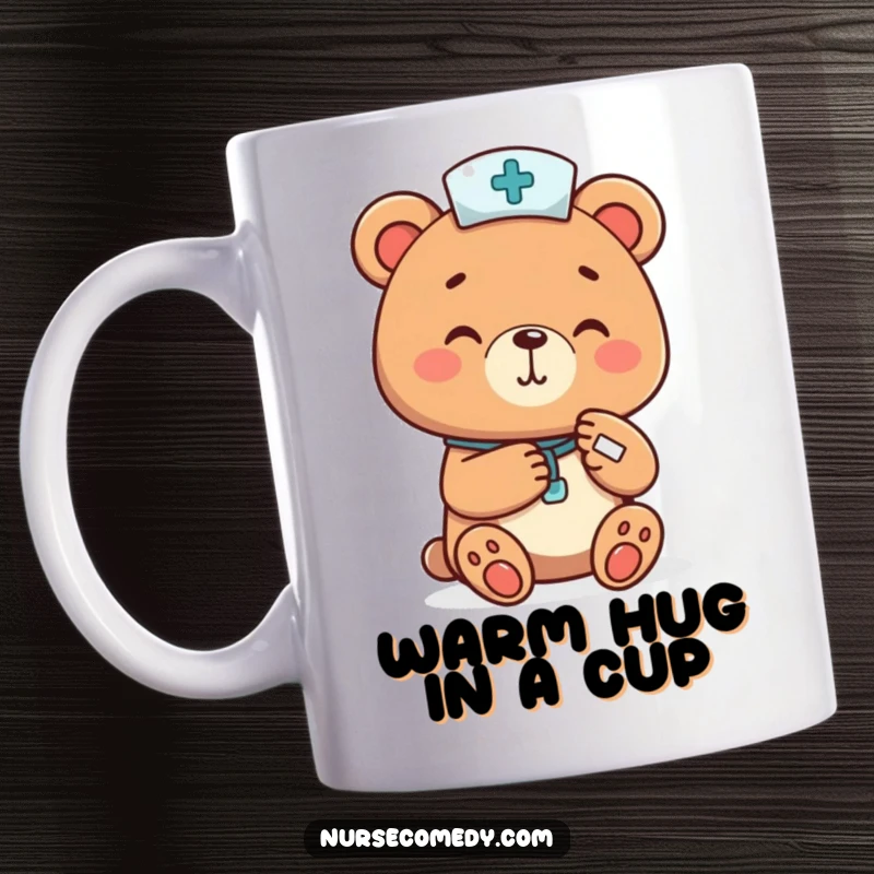 Funny bear nurse character cheerfully applying a bandage to a tiny paw, a heartwarming and humorous scene on a mug, perfect funny gift.