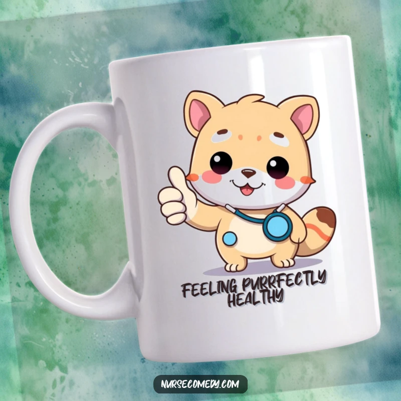Funny Doctor Animal Mug: A cute animal character wearing a stethoscope gives a thumbs up, radiating good health.