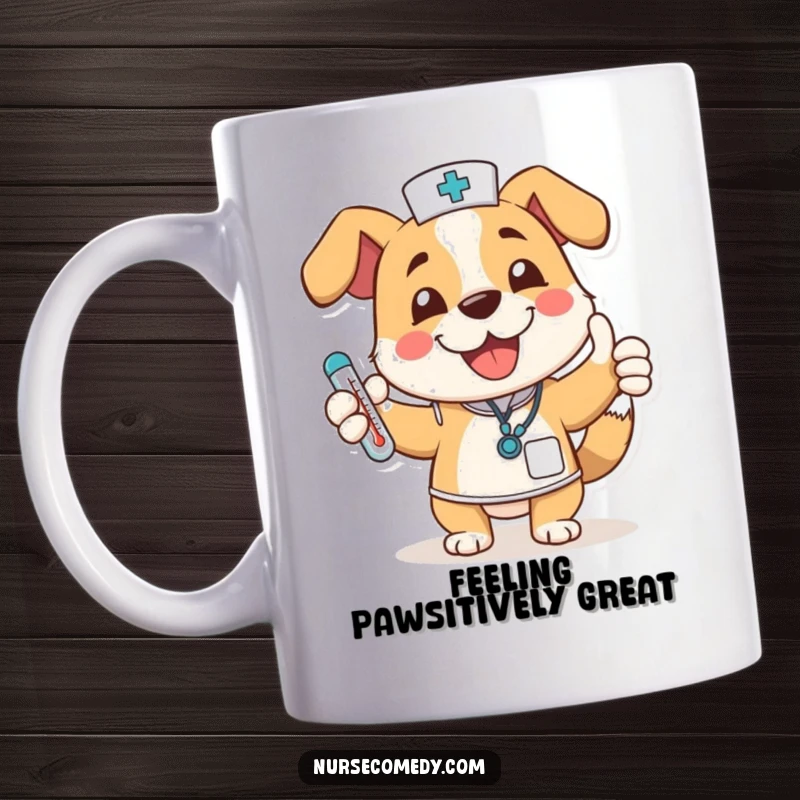 Funny dog nurse character wagging tail, giving a thumbs up with a thermometer, conveying happiness and health, a perfect nurse gift.