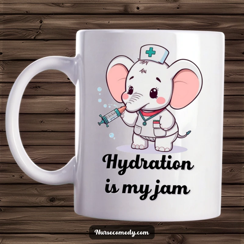 Funny elephant nurse character with a syringe spraying water, depicted with a gentle and caring expression, perfect for a nurse gift.