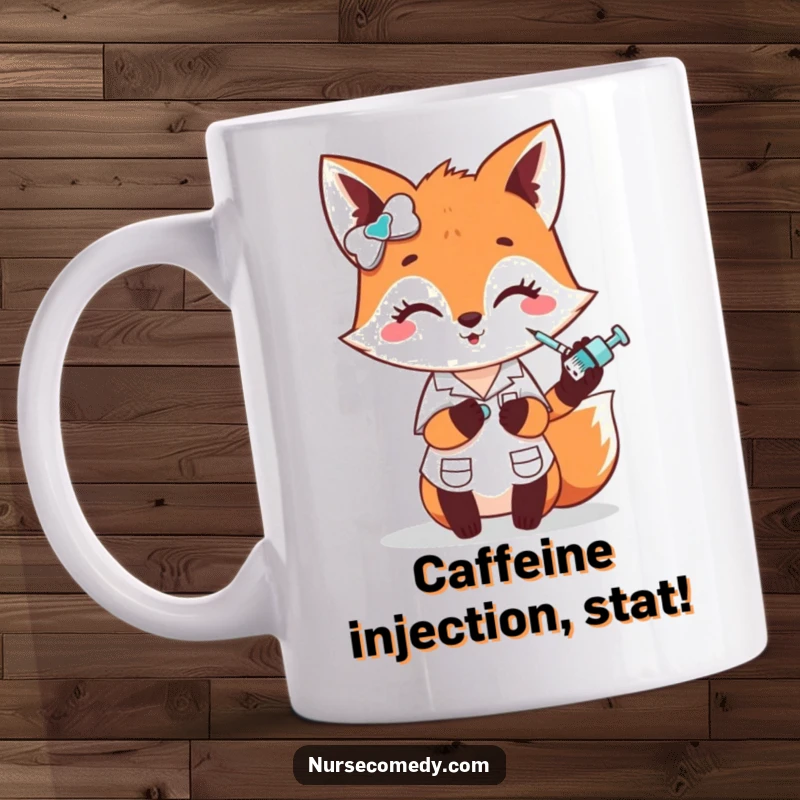 Funny fox nurse mug, a cute character happily administering a playful poke with a tiny syringe, great funny gift idea.