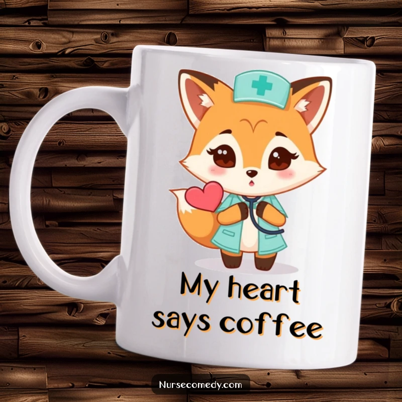 Funny Fox Nurse Mug showing a curious fox gently holding a stethoscope to a large heart, ideal for doctor gifts.