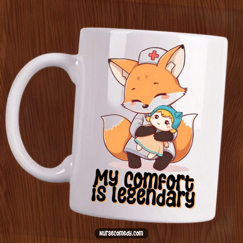 Funny fox nurse character giving a gentle, comforting hug to a doll on a mug, expressing warmth and care, perfect gift idea.
