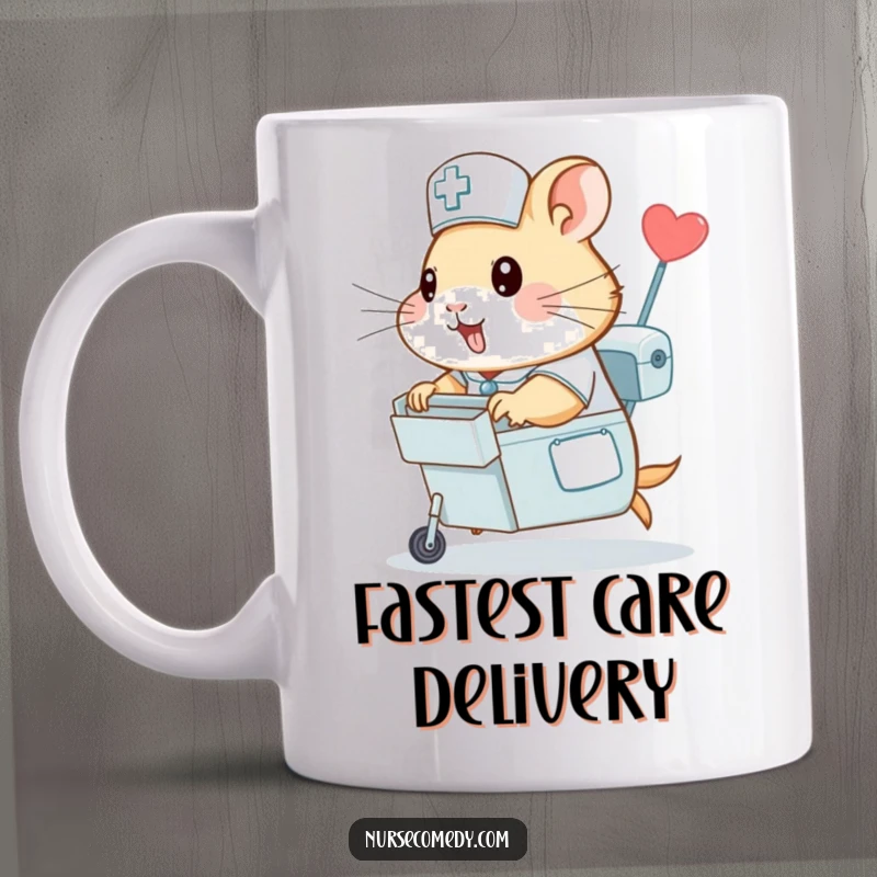 Funny hamster nurse mug, a small hamster in scrubs zooming with a medicine cart, depicting efficient care with comical speed.
