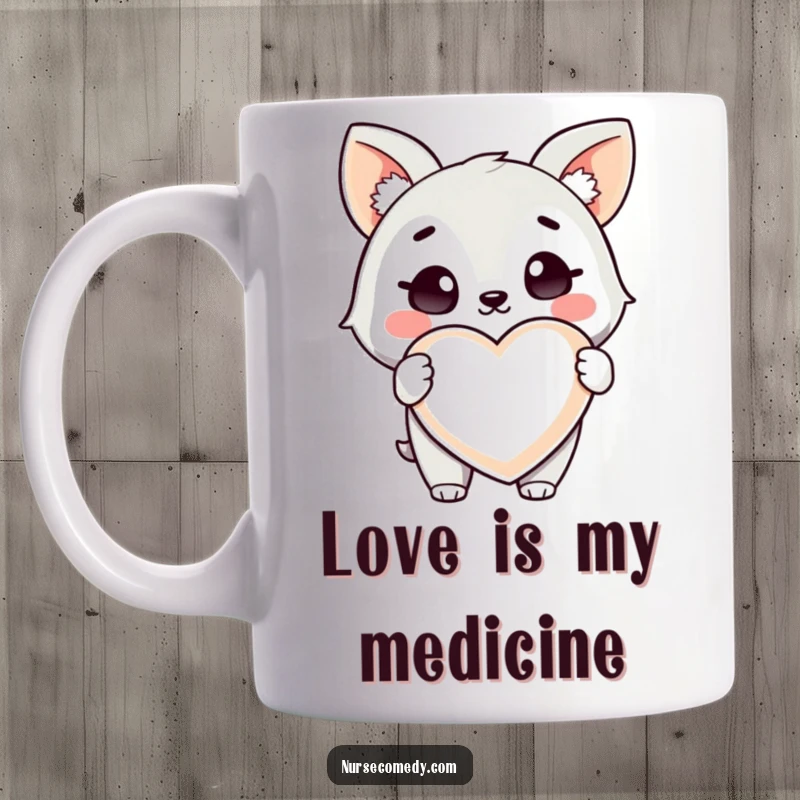 Funny Health Animal Mug: A cute animal character winks while holding a giant heart-shaped pill, promoting wellness humorously.