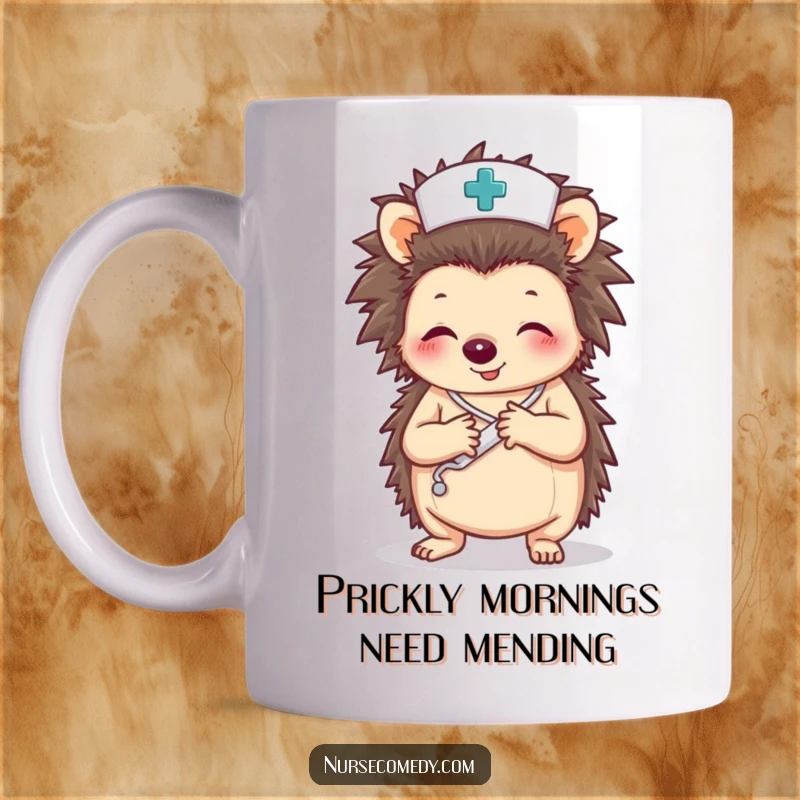 Funny mug showcasing a cute hedgehog dressed as a nurse, gently applying a bandage to a paw.