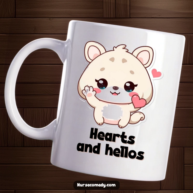 Funny Kawaii Animal Mug with a cute character enthusiastically waving with a heart, offering a friendly hello.