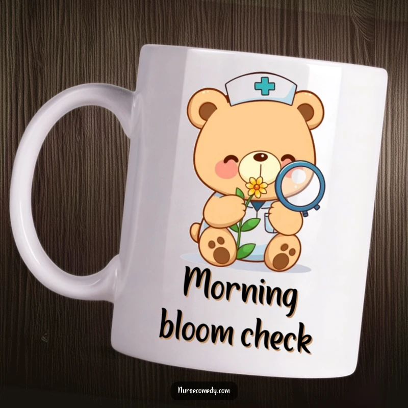 Funny kawaii bear nurse mug gently examining a tiny flower with a magnifying glass, showing care and curiosity.