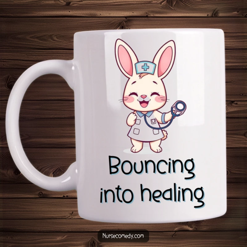 Funny Kawaii Bunny Nurse Mug: A cheerful bunny nurse happily bounces a stethoscope, offering a dose of playful healing humor.