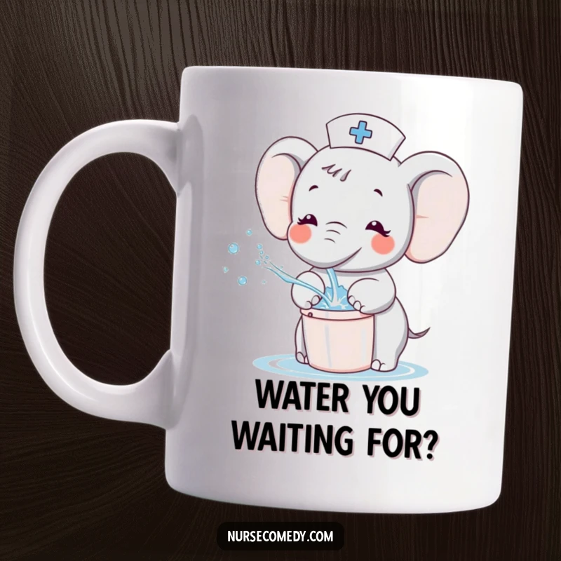 Funny Kawaii Elephant Nurse Mug, cartoon character joyfully splashing water from a tiny bucket, radiating happiness and care.