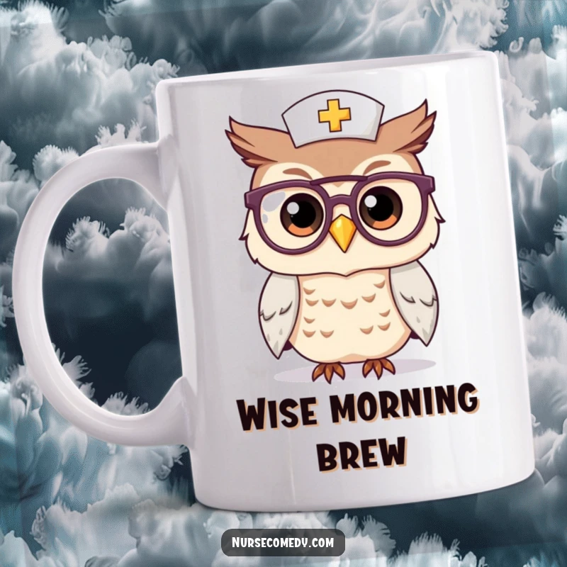 Funny Kawaii Owl Nurse Mug: A smart-looking owl in nurse attire peers through large glasses, embodying wisdom and care with a smile.