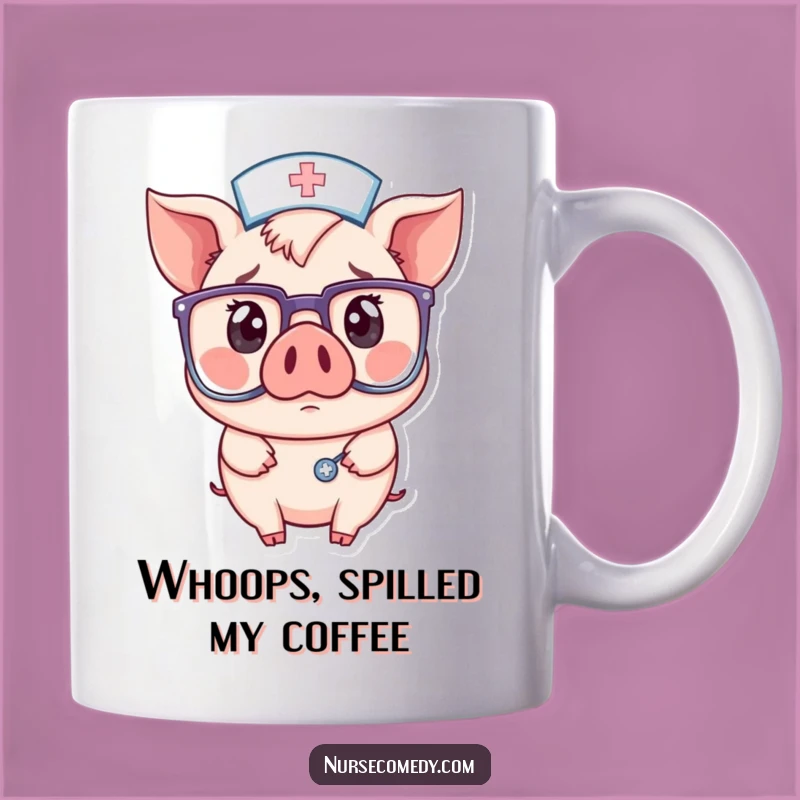 Funny Kawaii Pig Nurse Mug: Surprised by Oversized Glasses - Funny Gift