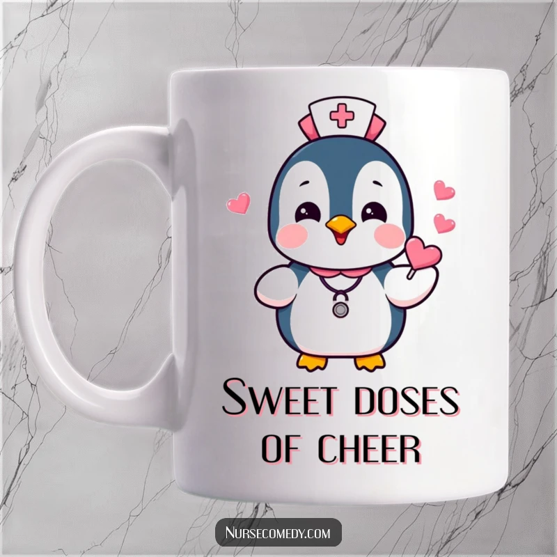 Funny Penguin Nurse Mug with a joyful penguin character gleefully handing out heart-shaped candies, symbolizing care and sweetness.
