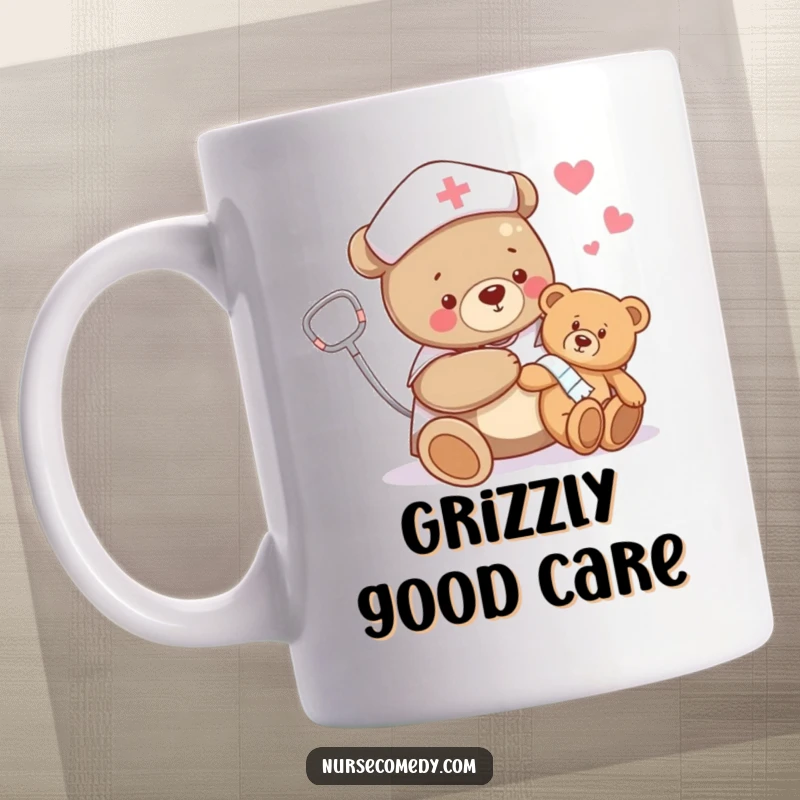 Funny bear nurse mug showing a gentle bear bandaging a teddy bear's limb, symbolizing comfort and humorous care.