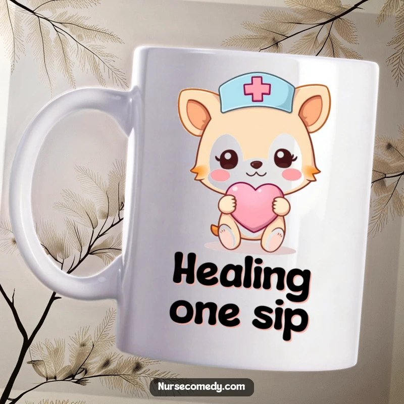 Funny Nurse Animal Mug: A cute animal character in a nurse hat holds a heart-shaped bandage, embodying care.