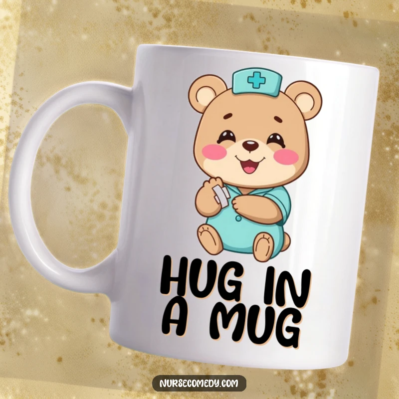 Funny bear nurse mug, a happy character cheerfully bandaging a small paw with a big smile, great funny gift idea.