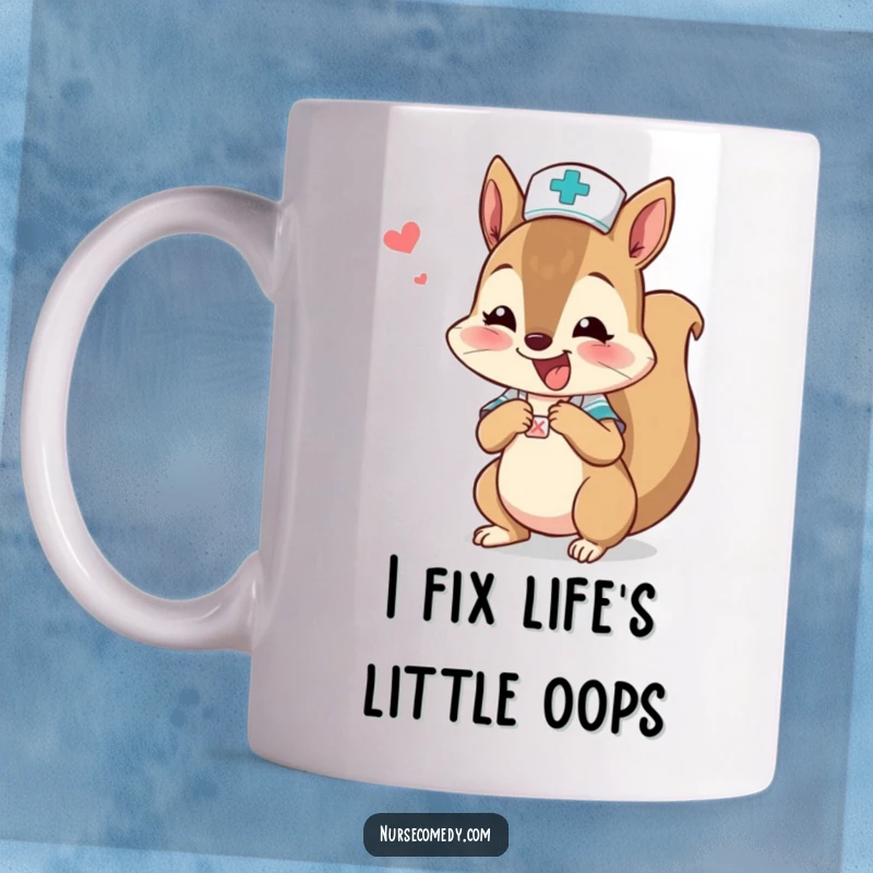 Funny squirrel nurse character with enthusiasm bandaging a tiny boo-boo on a playful, humorous mug.