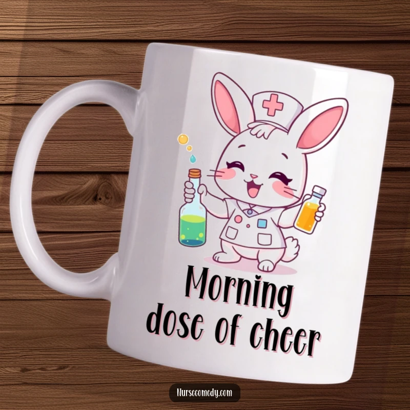 Funny Mug: An excited bunny nurse gleefully gives a colorful potion. Whimsical and energetic medical humor.