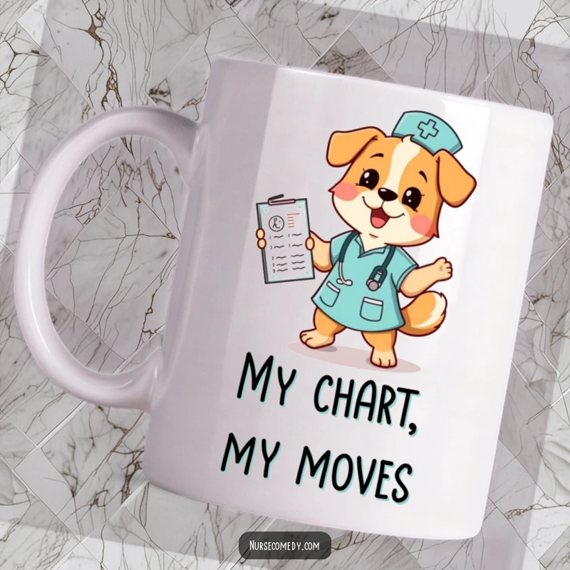 Funny dog nurse mug featuring a joyful pup dancing merrily with a medical chart, radiating happiness and humor.