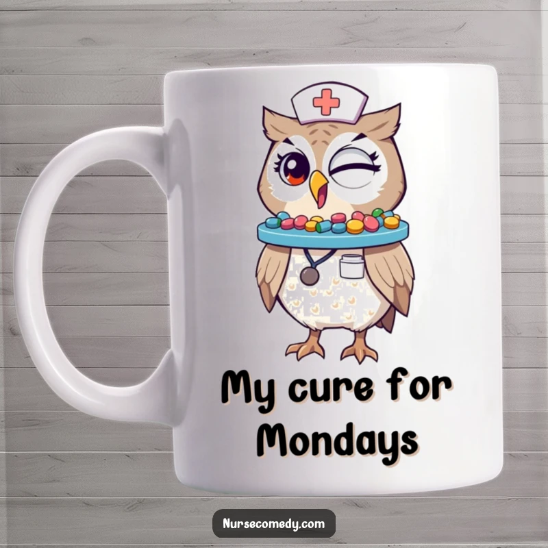 Funny Winking Owl Nurse Mug: A cute owl in scrubs balances a tray of colorful pills on its beak, looking mischievous.