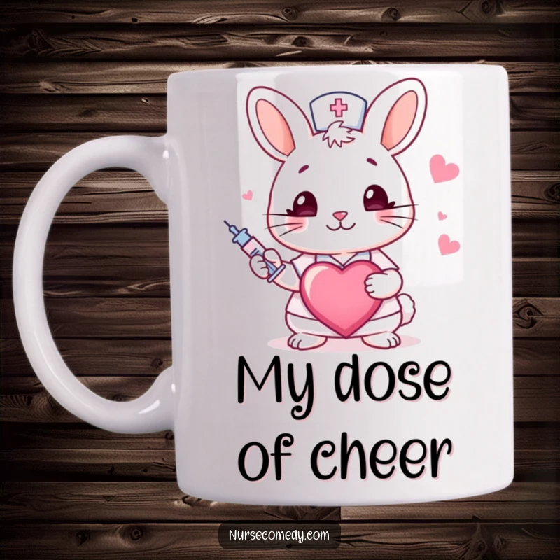 Funny rabbit nurse mug showing a cute bunny winking, holding a syringe and a heart, symbolizing care and humor.