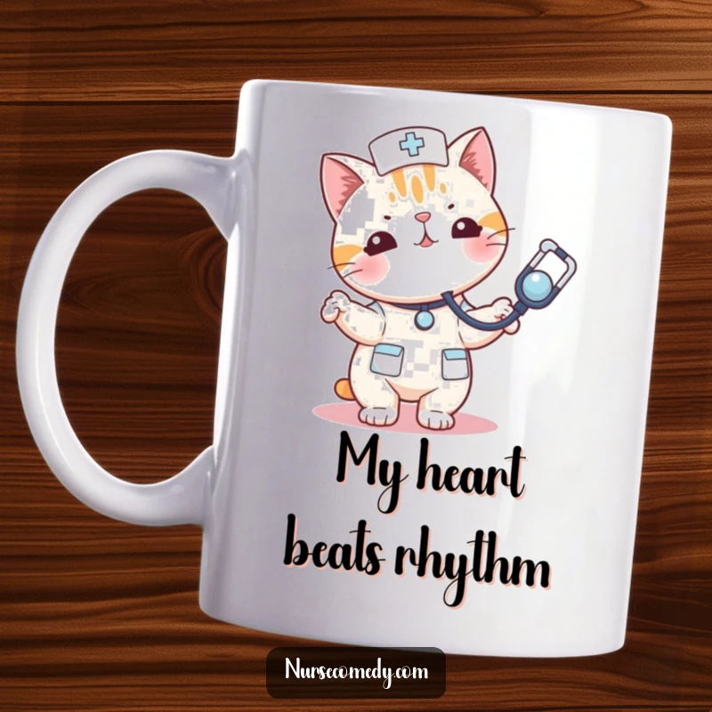 Funny kawaii cat nurse mug playfully bouncing a stethoscope like a toy, radiating joy and mischief.