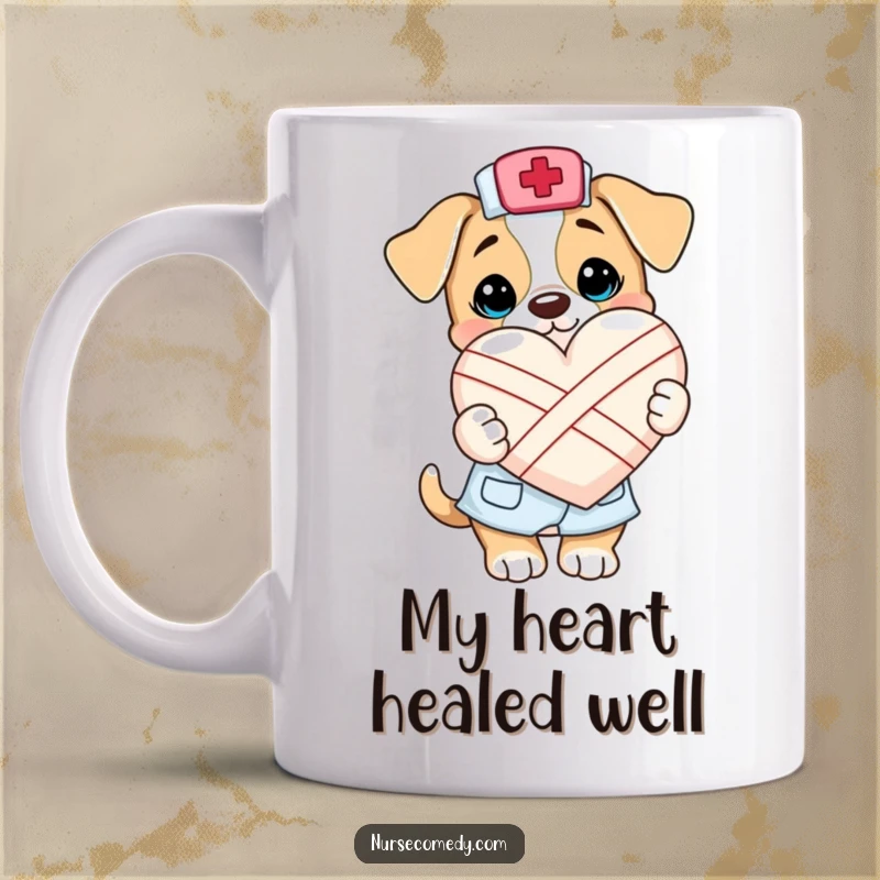 Funny Kawaii Puppy Nurse Mug: A cute therapy dog in scrubs holds a bandaged heart, spreading love and healing with a smile.