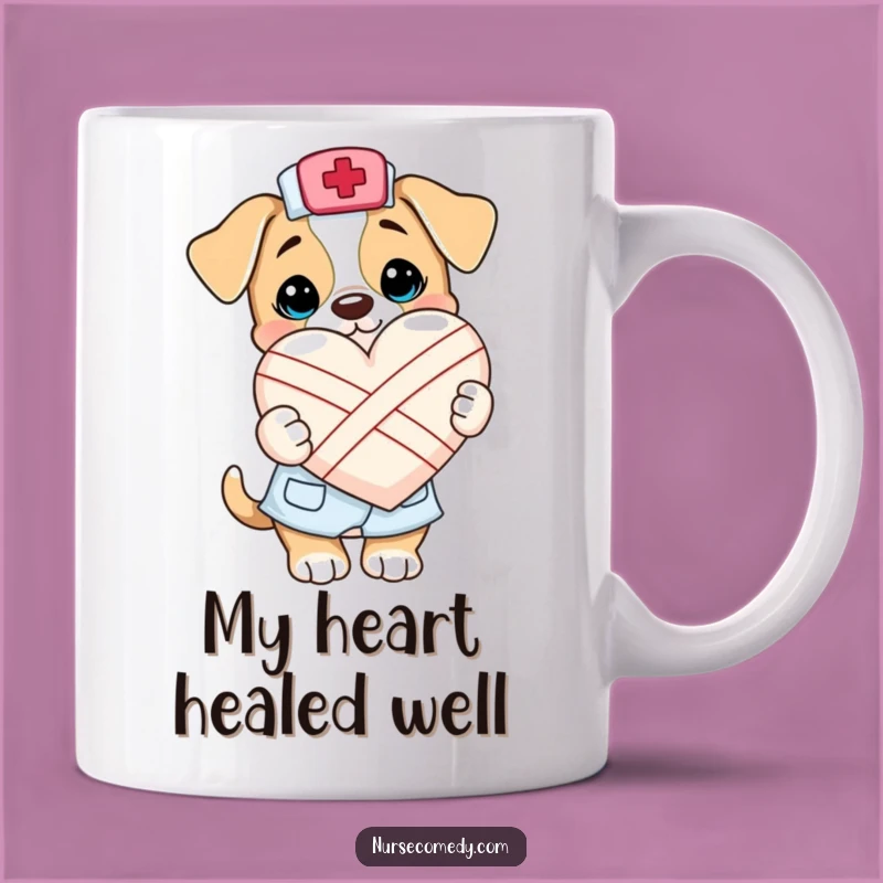 Funny Kawaii Puppy Nurse Mug: Adorable Bandaged Heart Gift for Caring Souls Who Love Cute Art
