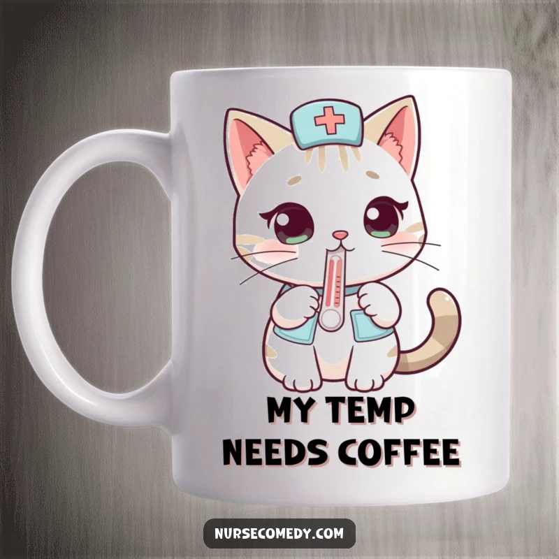 Funny cat nurse mug with a thermometer, looking curiously, perfect gift for vet techs and cat lovers.