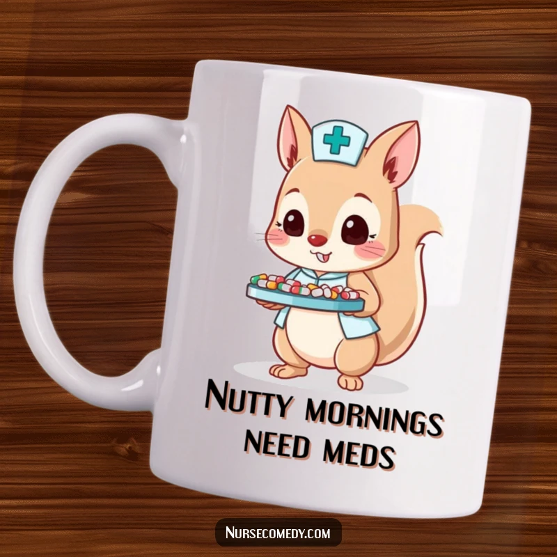 Funny mug with an energetic squirrel dressed as a nurse, carefully balancing a tray of tiny pills.