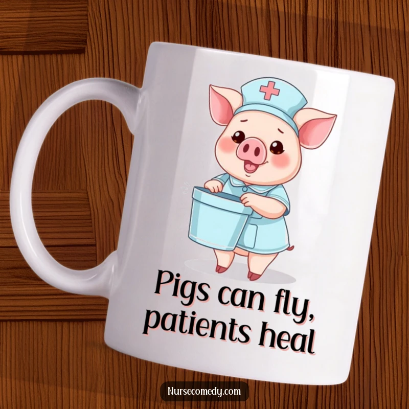 Funny mug with a cheerful pig dressed as a nurse, holding a tiny bedpan and waving happily.